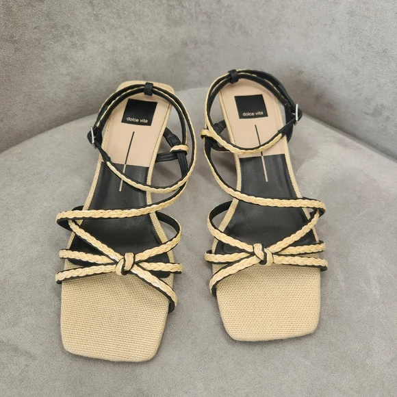 Dolce Vita Sandals 10 Tan Woven Dainty Strappy Bev Kitten Heel Square New $120 - Picture 1 of 16